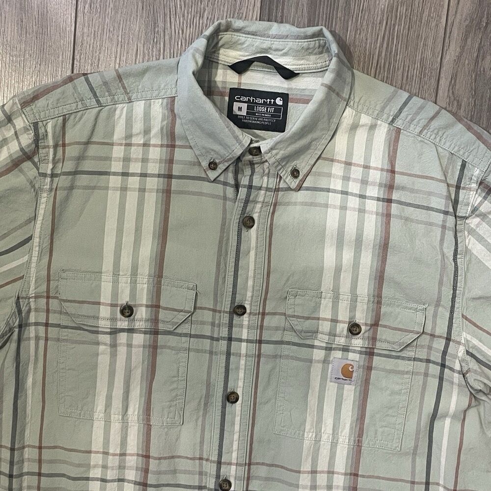 Carhartt Button Down Shirt Men's M Green Loose Fit Business Outdoor Short Sleeve
